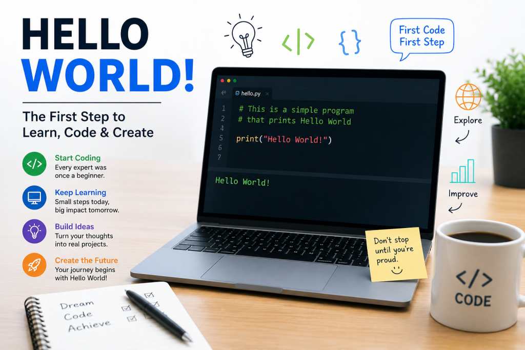 Hello World programming illustration showing a beginner coding on a laptop with a simple Hello World program, coding icons, and software development concepts.