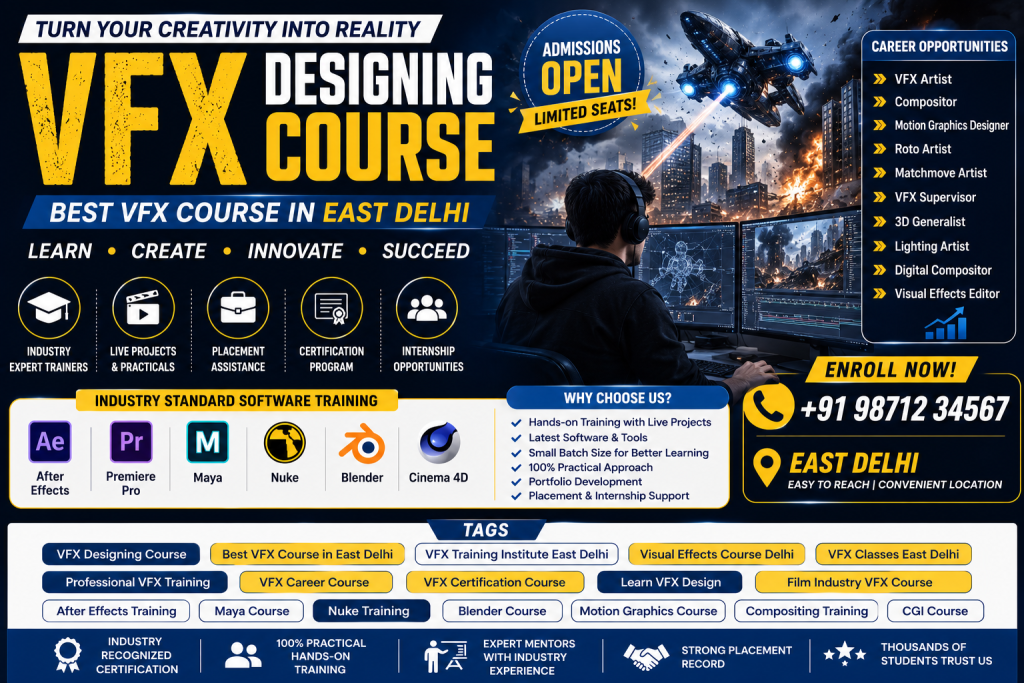 "Professional VFX Designing Course banner showcasing After Effects, Maya, Nuke, Blender and Cinema 4D training with placement assistance in East Delhi."