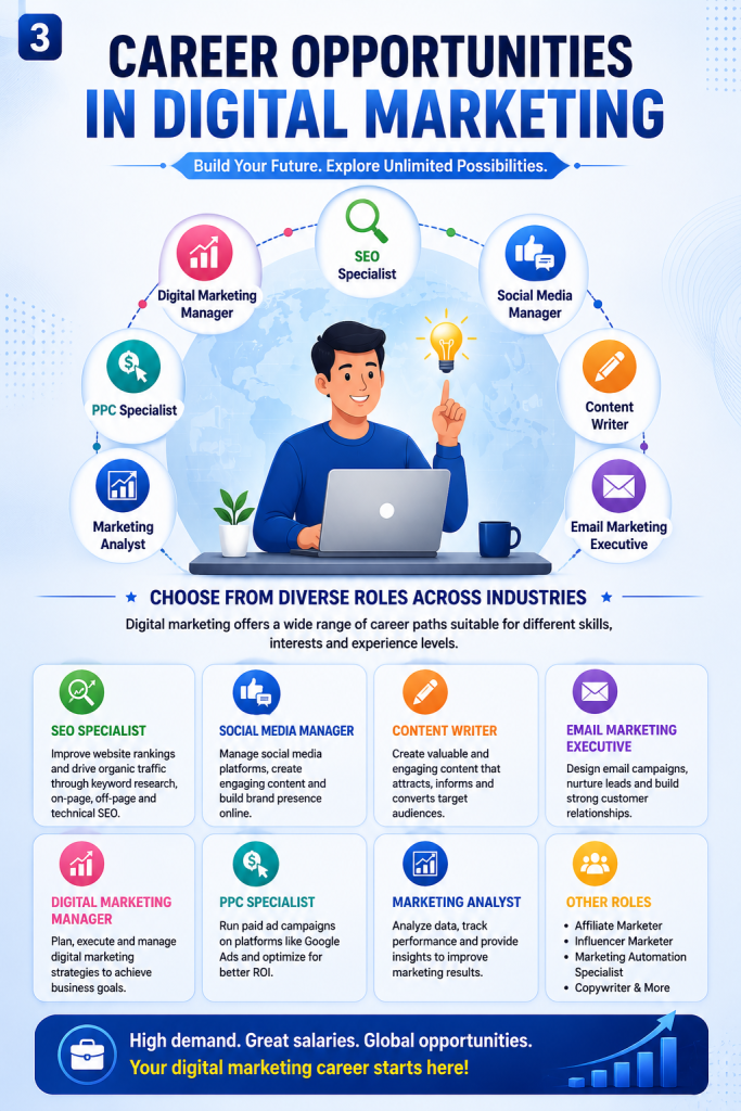 Career paths including SEO specialist, PPC expert, content writer, and social media manager