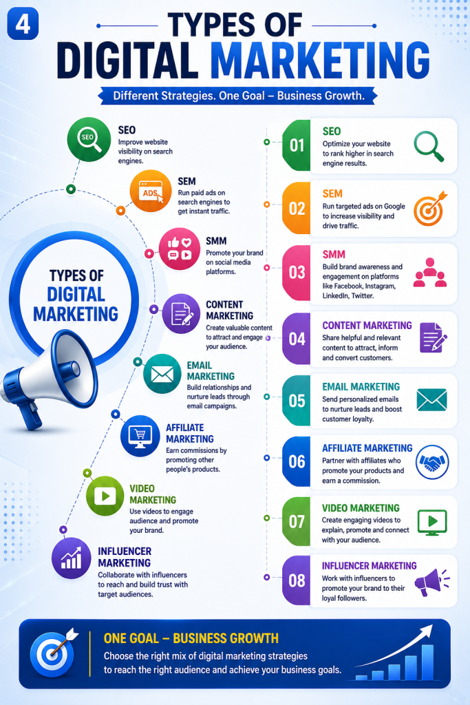 Types of Digital Marketing infographic illustrating SEO, SEM, Social Media Marketing (SMM), Content Marketing, Email Marketing, Affiliate Marketing, Video Marketing, and Influencer Marketing with icons and brief descriptions for each strategy.