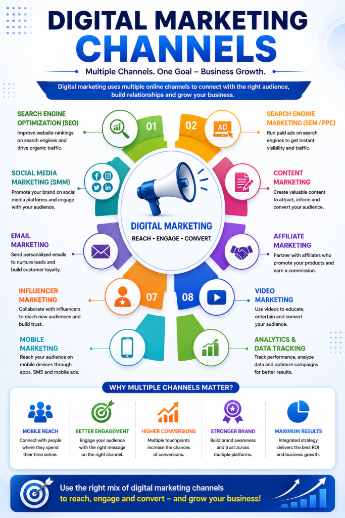 Digital marketing channels including SEO, PPC, social media, email, video marketing, and analytics