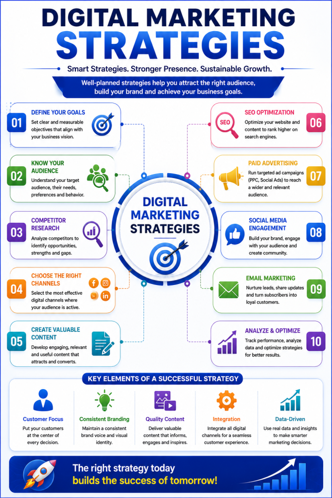 Digital marketing strategies infographic with goal setting, SEO, content creation, social media, email marketing, and performance analysis