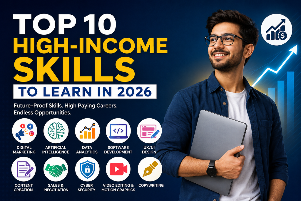 Top 10 High-Income Skills to learn in 2026 infographic featuring digital marketing, AI, data analytics, software development, cybersecurity, and other in-demand career skills.