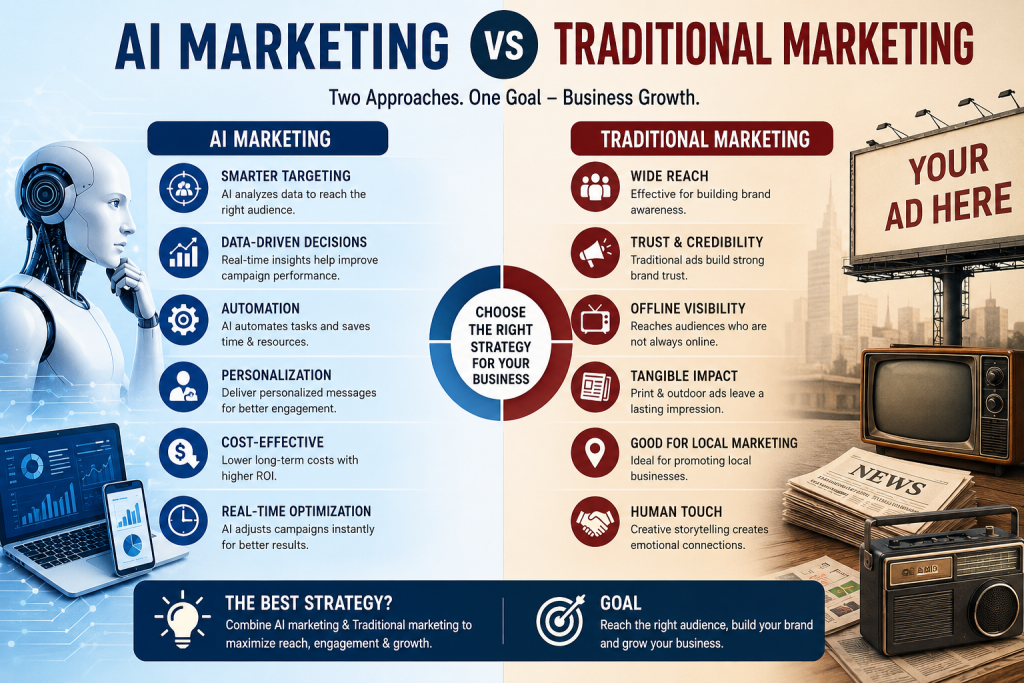 AI vs Traditional Marketing comparison infographic showing the differences, benefits, and best marketing strategy for business growth.
