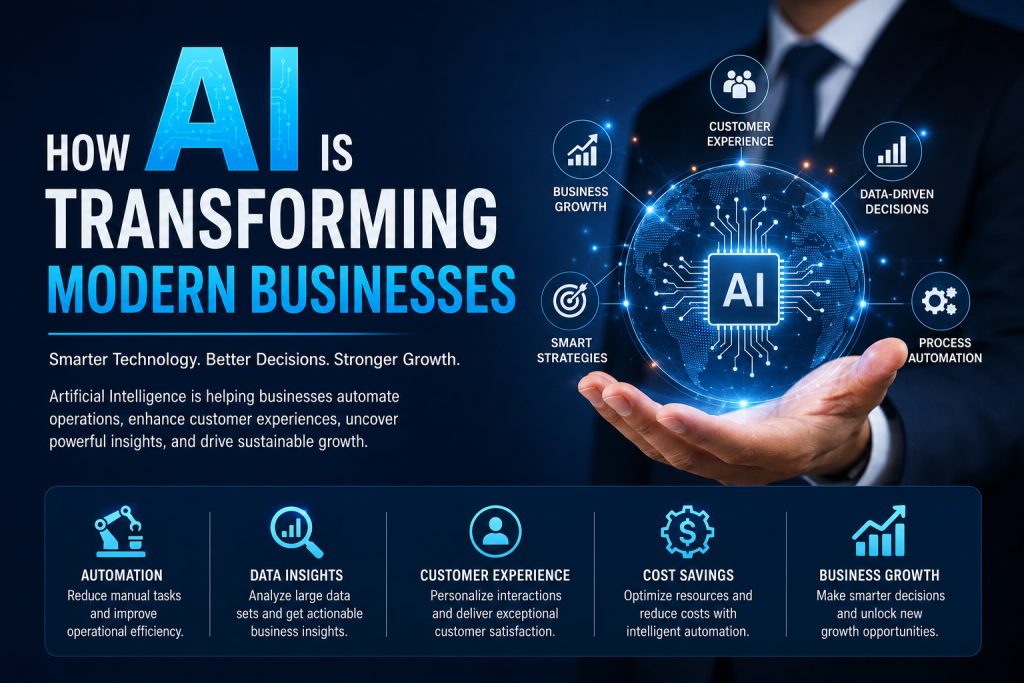 AI in business transformation illustration highlighting automation, business growth, data-driven insights, and customer experience.